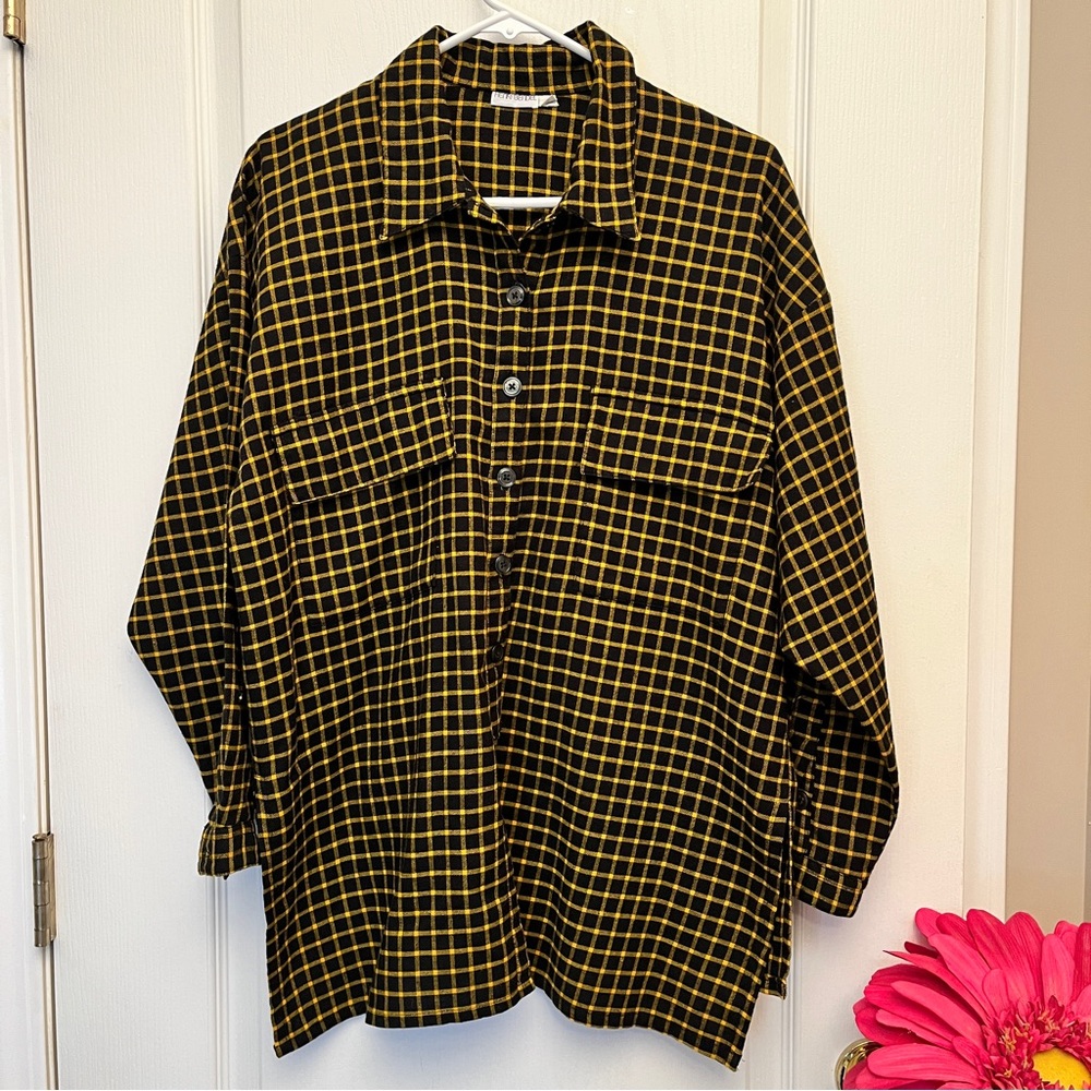 Vintage Henri Bendel Plaid Button-Up Shirt Black & Yellow Gold S